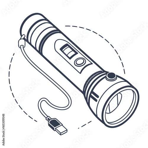 Flashlight with usb charging cable illustration isolated on white background, a portable light source for emergencies and outdoor adventures