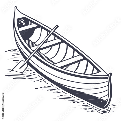 Illustration of a canoe with paddle on water, a small boat for recreation and travel, isolated on white background