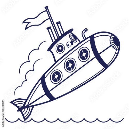 Illustration of a cartoon submarine sailing on the sea with a flag on the mast isolated on white background, perfect for childrens books
