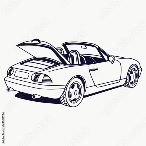Illustration of a classic roadster with the trunk open, isolated on white background, showcasing its sleek design and sporty appeal for automotive enthusiasts