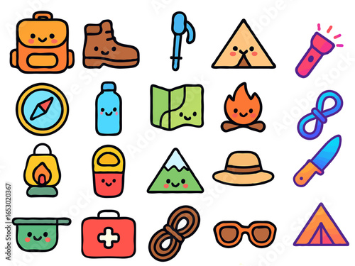 Cute cartoon icons depicting camping and hiking equipment: backpack, boot, trekking pole, tent, flashlight, compass, water bottle, map, campfire, rope, knife, and more.