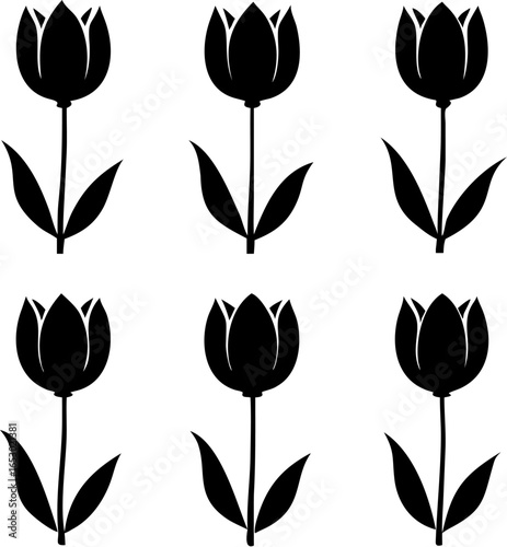 Six elegant stylized tulip silhouettes for floral design and spring themes