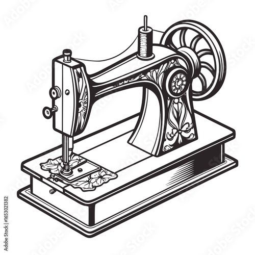 Vintage sewing machine illustration isolated on white background, a retro tool for tailoring and crafting with intricate details and ornate design
