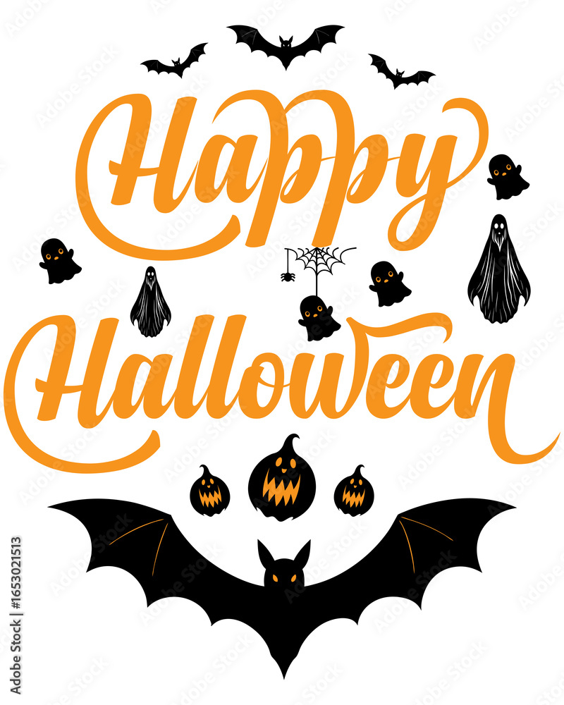 Happy Halloween t-shirt design with bats, pumpkins and ghosts isolated on transparent background Happy Halloween t-shirt design with bats, pumpkins and ghosts isolated on transparent background