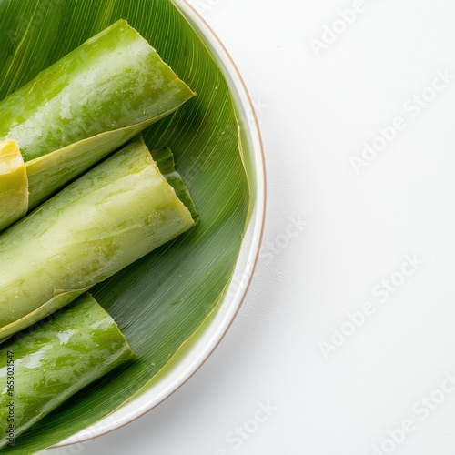 Traditional Filipino suman rice cake wrapped in banana leaves served on a plate creating an inviting presentation against a minimalist white background perfectly (150)
