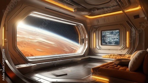 Wallpaper Mural Futuristic space habitat with a stunning view of Earth during sunset from a sleek interior Torontodigital.ca