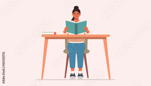 Young woman sitting at a desk reading a book. Flat vector illustration concept for education, learning, and literature.