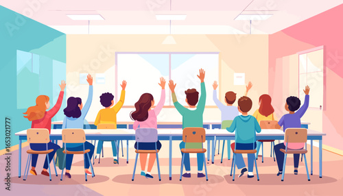 Engaged group of diverse students actively raising hands in a bright, modern classroom, fostering an interactive and dynamic learning environment.