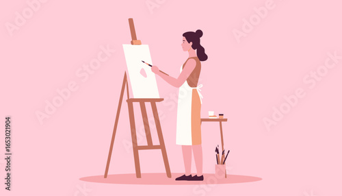 Artist painting on canvas easel with brushes and palette, illustration on pink background