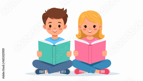 Happy Children Reading Books Together Illustration of Kids Enjoying Story Time