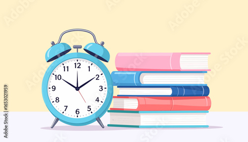 Illustration of an alarm clock and a stack of books representing time management for education, study deadlines, and learning.