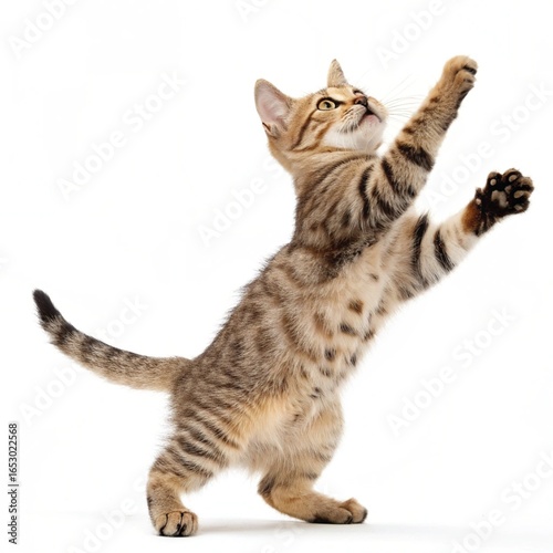Playful tabby cat jumping with paws stretched, isolated on pure white