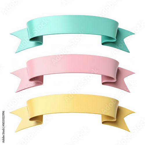 Free Download Stylized curved ribbons in teal pink and yellow isolated on transparent background. Soft pastel ribbon graphics with subtle texture. Balanced vertical ribbon composition. - GFXLoad