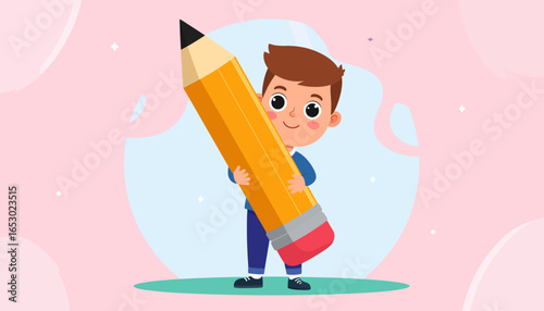 Illustration of a cute cartoon boy holding a giant yellow pencil, symbolizing creativity, learning, and education for children.