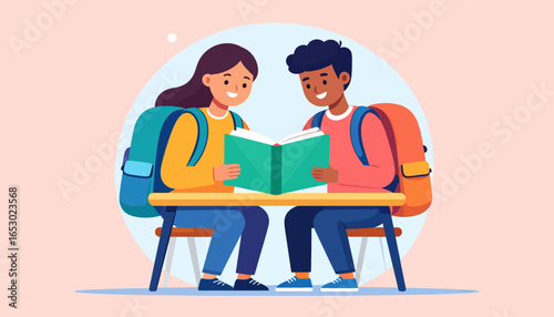 Two happy students reading a book together at a desk
