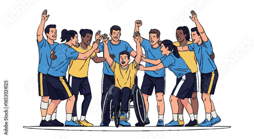 Team celebrating successful sports event with wheelchair user