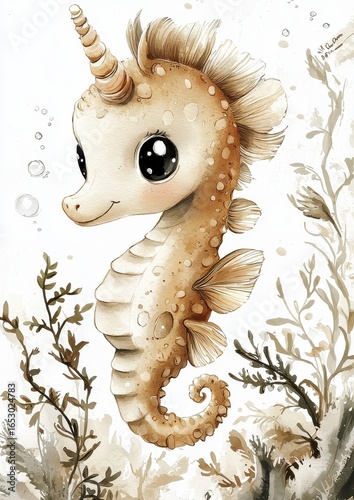 A cute cartoon-style seahorse with large eyes and a whimsical expression, surrounded by seaweed and a light background.