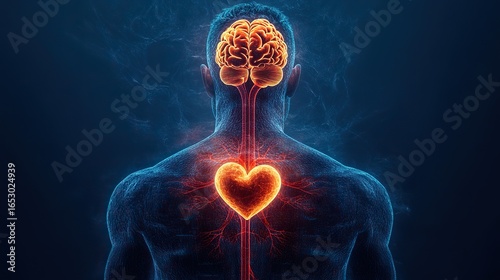 Realistic cross-sectional illustration of brain and heart in glow-map format, overlaid on a male torso, hinting at emotional intelligence,