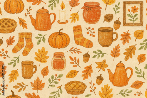 Cute Seasonal Fall Seamless Pattern with Autumn Doodles: Pumpkins, Tea, Candles, Floral Frames, and Jam