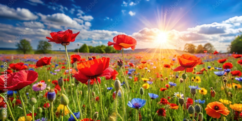 Obraz premium Colorful wildflower mix with vibrant red poppies in a field on a sunny day