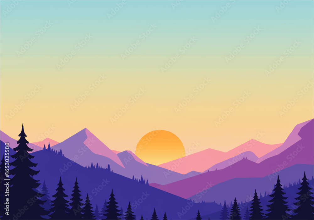 Obraz premium A stylized illustration of a mountain range at sunset with silhouetted trees in the foreground and a gradient sky.