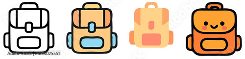 Four different cartoon backpack illustrations, varying in color, style, and outline.