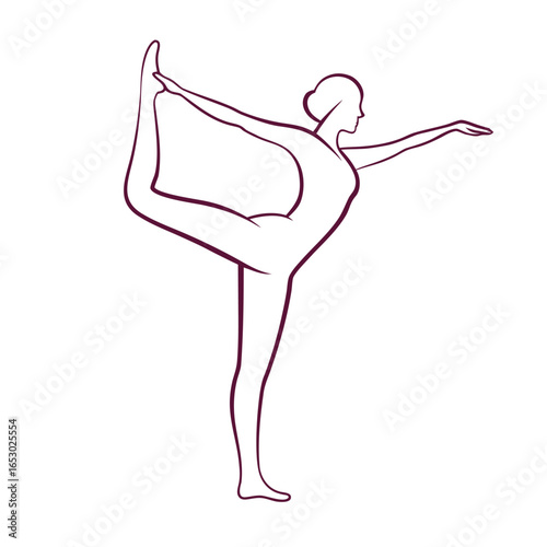 Minimalist line art of woman in dancer yoga pose stretching arms and leg vector