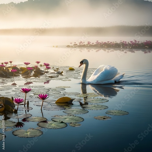 Fototapeta Naklejka Na Ścianę i Meble -  Graceful Swan Gliding Through Misty Lotus Lake
