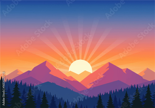 Colorful sunrise over a mountain range with dense forest.