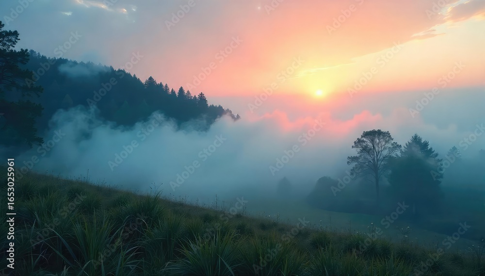 Fototapeta premium Mysterious and ethereal fog rolling over a tranquil landscape at dawn, creating a mystical and serene atmosphere Perfect for fantasy, mystery, or nature themes , horizon, background, tranquil