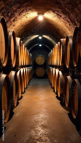 Rows of neatly stacked wine barrels in a cool, dimly lit harvest cellar, the air thick with the scent of aging grapes and oak , oak barrels, cool, rows
