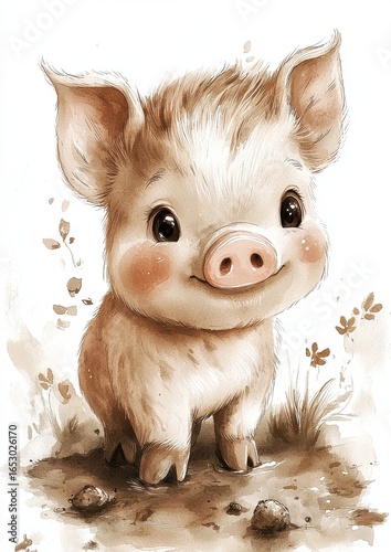 A cute, cartoon-style piglet with big eyes and a happy expression, surrounded by light green foliage.