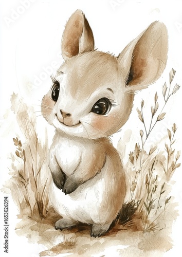A cute, cartoon-style rabbit stands with paws together, set against a soft, natural background with earthy tones and delicate plant details.