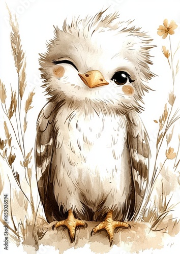 A cute, cartoon-style bird with big eyes and a cheeky wink, surrounded by grasses and flowers, exuding a playful charm.