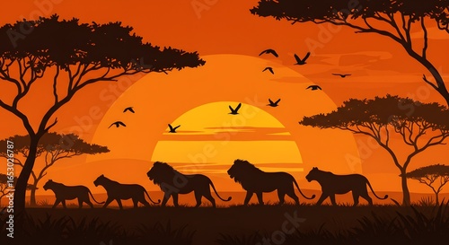 African Savannah Sunset Silhouette: Pride of Lions Walking