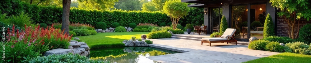 Fototapeta premium Stunning backyard oasis transformed with lush greenery, vibrant flowers, and a meticulously designed patio Perfect for relaxation and outdoor entertaining , residential, garden, spring