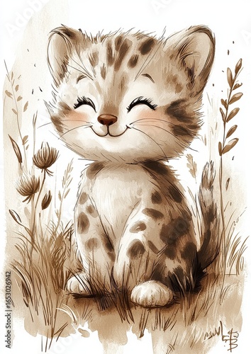 A cute, cartoon-style kitten with spots sitting in a grassy field, smiling happily.