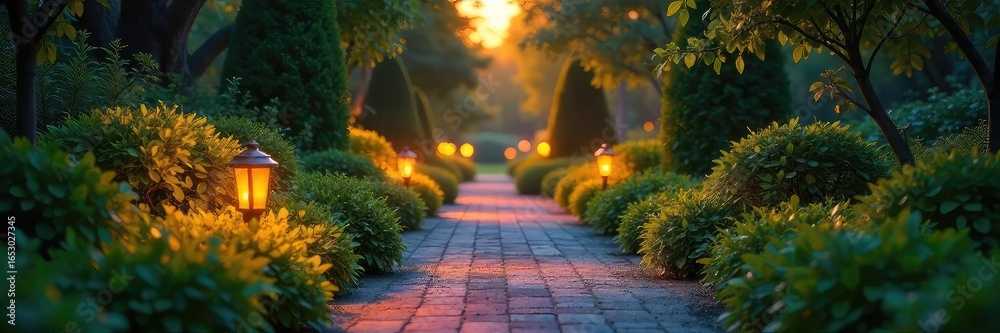 Obraz premium Warm evening glow illuminates a lush garden path, creating a magical outdoor ambiance Perfect for landscaping, home decor, and relaxation themes , nature, illumination, peaceful