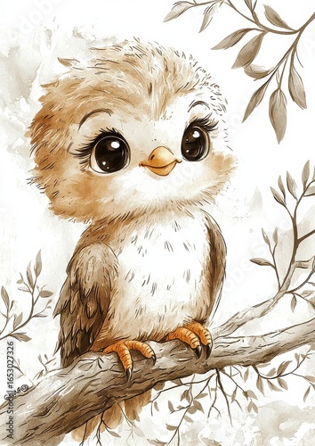A cute, cartoon-style illustration of an owl with large eyes perched on a branch, surrounded by soft, leafy details.