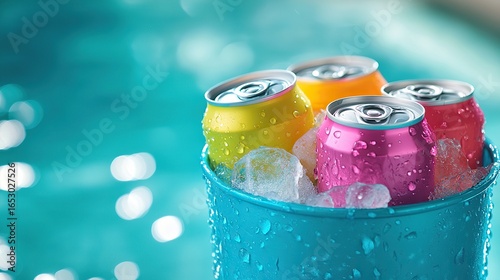 three colorful cans in a turquoise bucket filled with ice cubes, pool background
