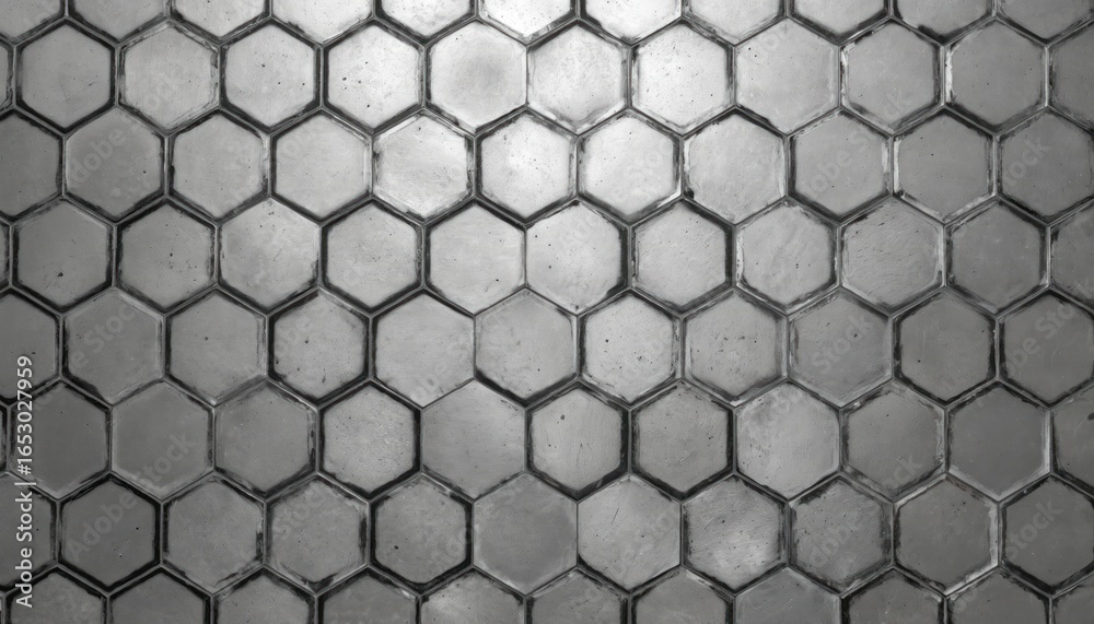Naklejka premium Seamless metallic grey hexagon pattern with textured surface, pronounced geometric lines. Three-dimensional structure resembles honeycomb, perfect for technology, business, modern wallpaper