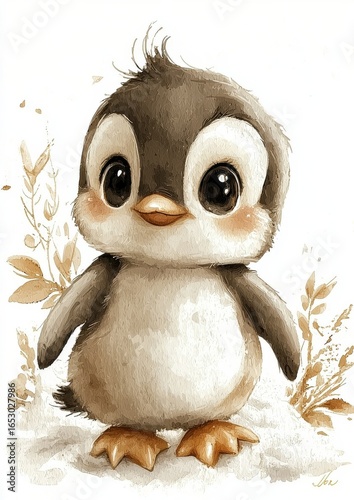 A cute, cartoon-style penguin with big eyes and a fluffy texture, surrounded by leaves.