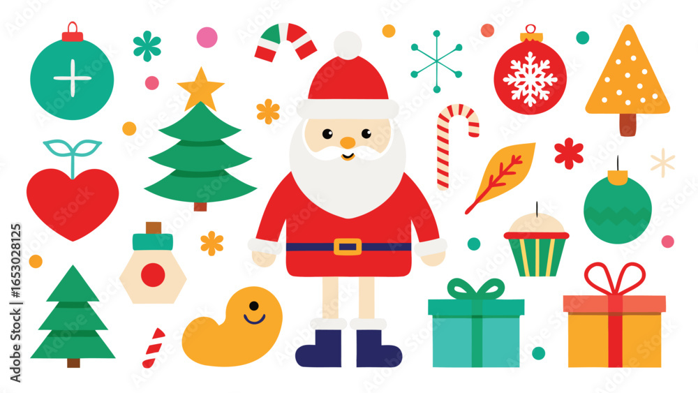 Fototapeta premium Festive Christmas Holiday Flat Vector Illustration with Santa and Decorations