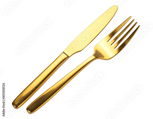  Elegant Gold Fork and Knife Set Isolated on Transparent Background PNG