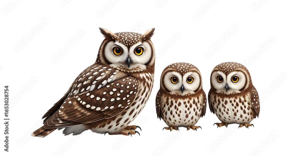 Naklejka premium Realistic illustration of a family of three owls, featuring a large adult owl and two smaller owls, showcasing their distinctive feathers and expressive eyes in a charming composition