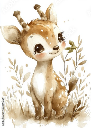 A cute, cartoon-style deer with large eyes and tiny horns, standing among soft, leafy plants in a watercolor style.