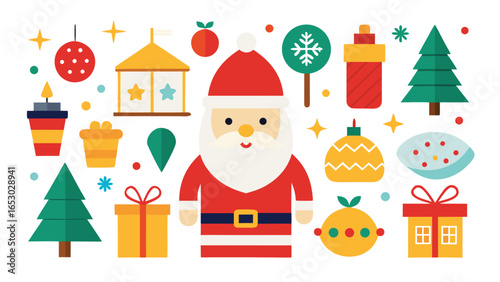 Festive Christmas Illustration with Santa Claus and Holiday Decorations on White