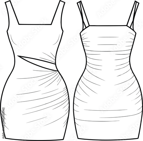 Sleeveless fitted dress fashion flat, waist cut‑out draped design, ruched fabric pattern, technical clothing sketch, garment construction vector illustration template