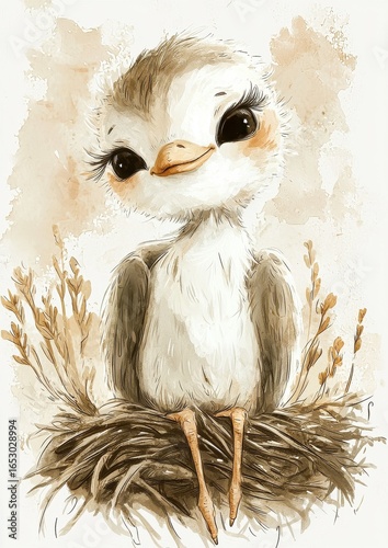 A cute, cartoon-style bird with large eyes sitting in a nest, surrounded by soft, earthy colors.