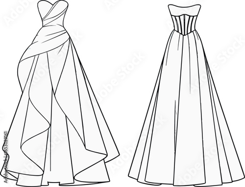 Strapless dresses technical fashion sketch, sweetheart neckline, fitted bodice, layered asymmetrical skirt, flowing gown, garment construction, formal evening wear vector illustration